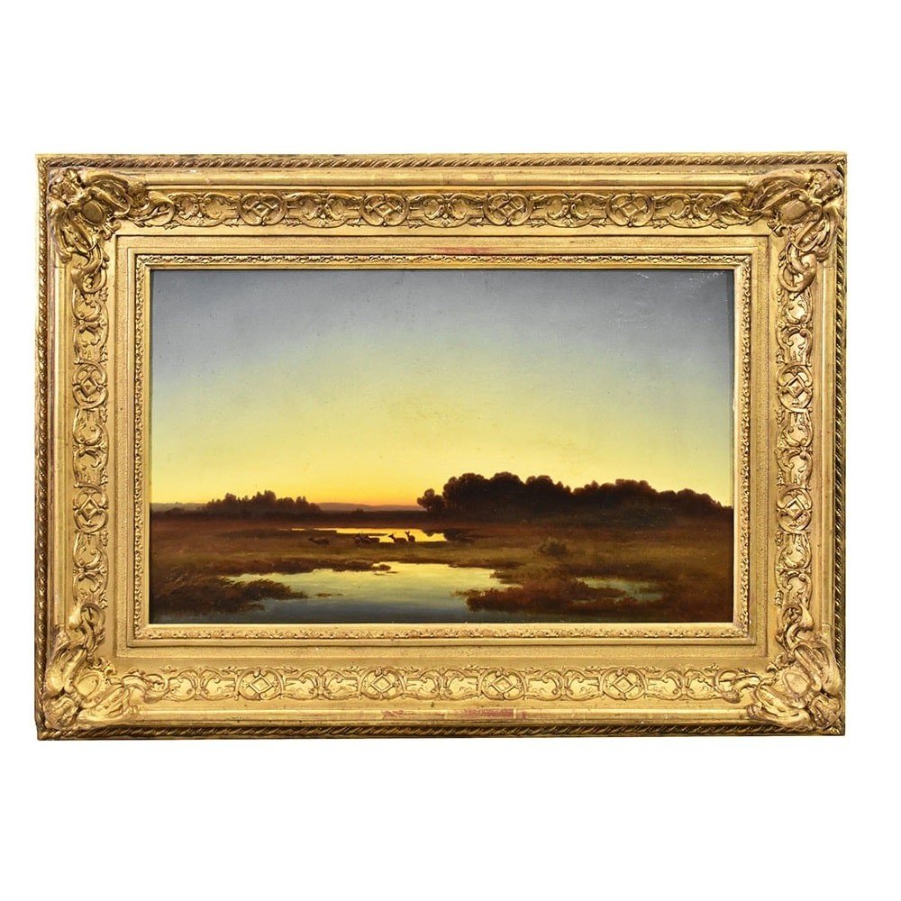 Tableau Ancien, Anton Zwengauer, Paysage Au Coucher Du Soleil Et Biches, XIX. (QP545)