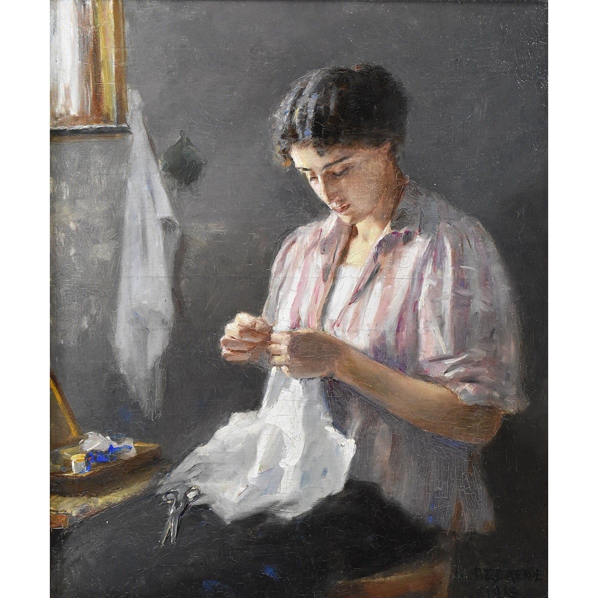 Antique Woman Portrait Painting, Portrait Of A Woman Sewing, Oil On Canvas, Early XX . (qr550)-photo-2