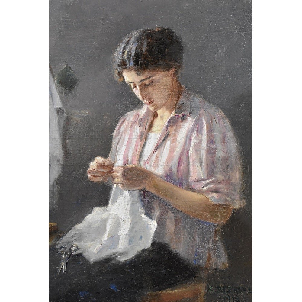 Antique Woman Portrait Painting, Portrait Of A Woman Sewing, Oil On Canvas, Early XX . (qr550)-photo-3