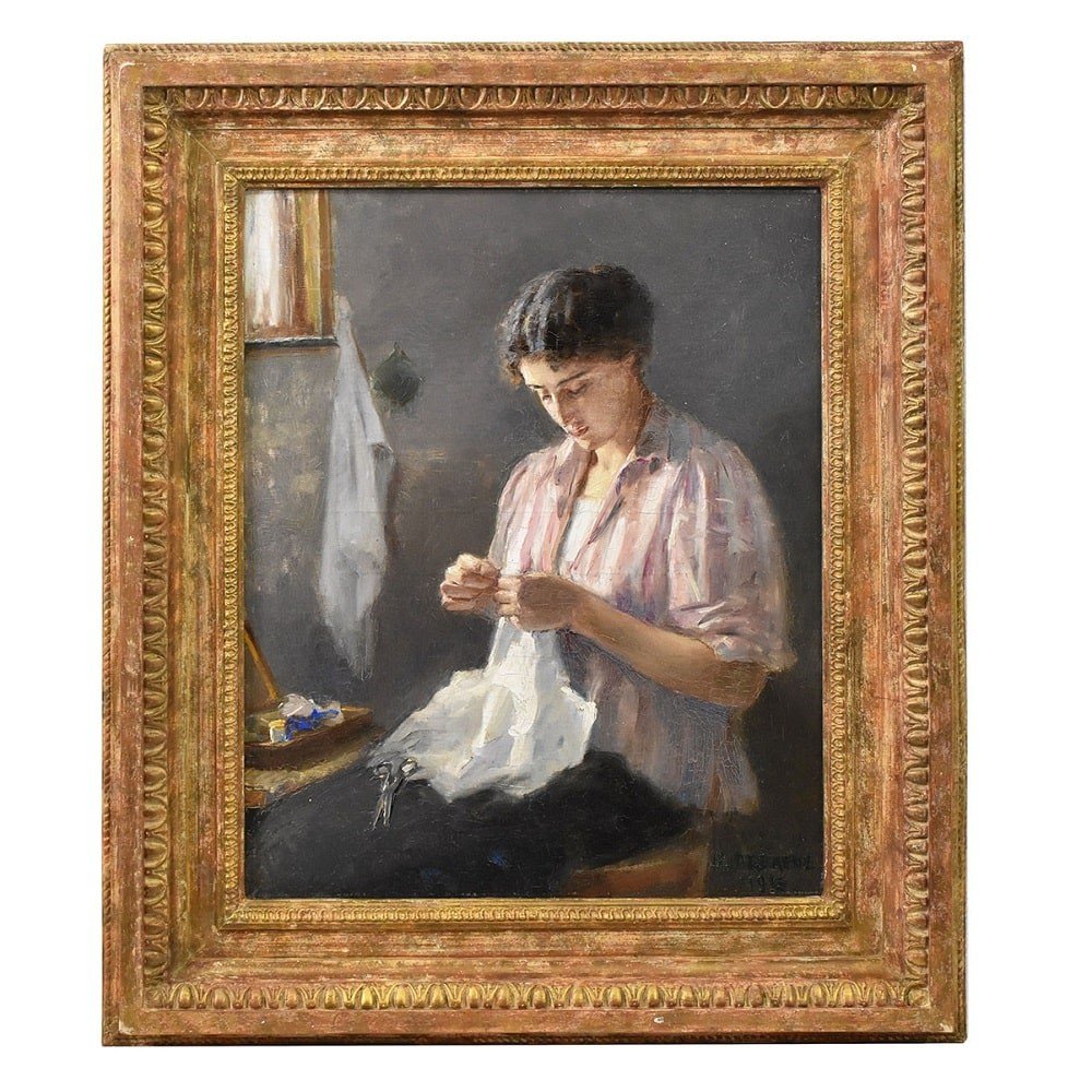 Antique Woman Portrait Painting, Portrait Of A Woman Sewing, Oil On Canvas, Early XX . (qr550)