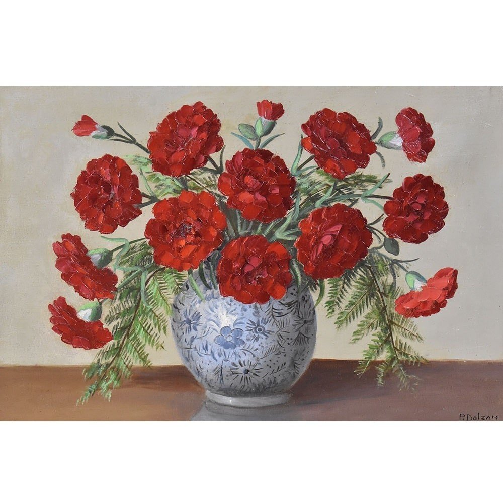 Tableaux Anciens Fleurs, Art Déco, Peinture Fleurs D'Oeillets Rouges, XXème Siècle. (QF552) -photo-2