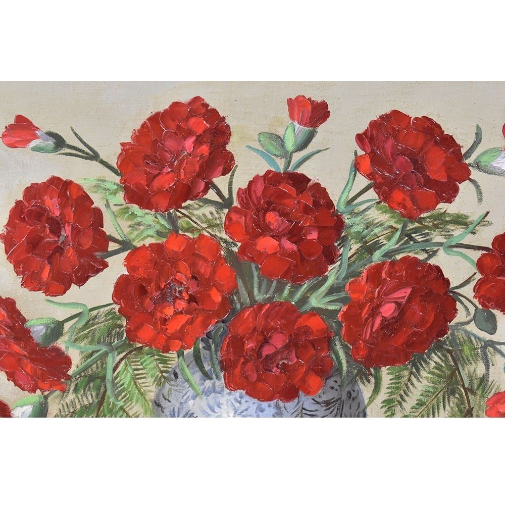 Tableaux Anciens Fleurs, Art Déco, Peinture Fleurs D'Oeillets Rouges, XXème Siècle. (QF552) -photo-3