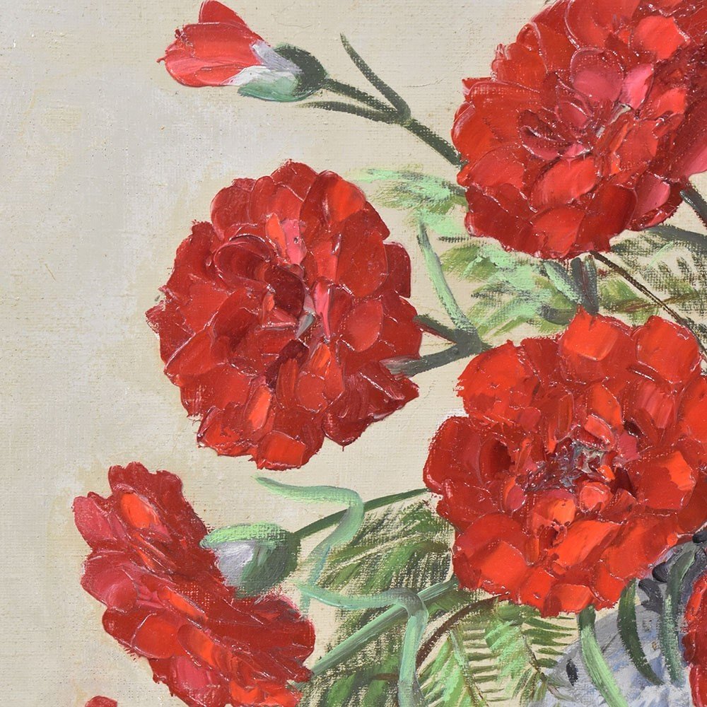 Tableaux Anciens Fleurs, Art Déco, Peinture Fleurs D'Oeillets Rouges, XXème Siècle. (QF552) -photo-4