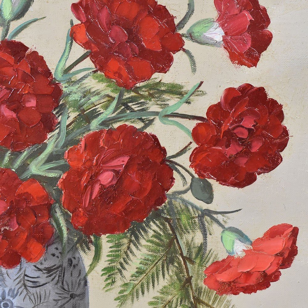 Tableaux Anciens Fleurs, Art Déco, Peinture Fleurs D'Oeillets Rouges, XXème Siècle. (QF552) -photo-1