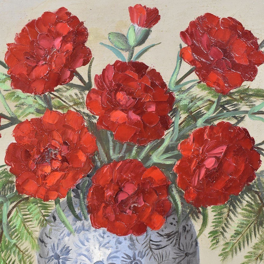 Tableaux Anciens Fleurs, Art Déco, Peinture Fleurs D'Oeillets Rouges, XXème Siècle. (QF552) -photo-2