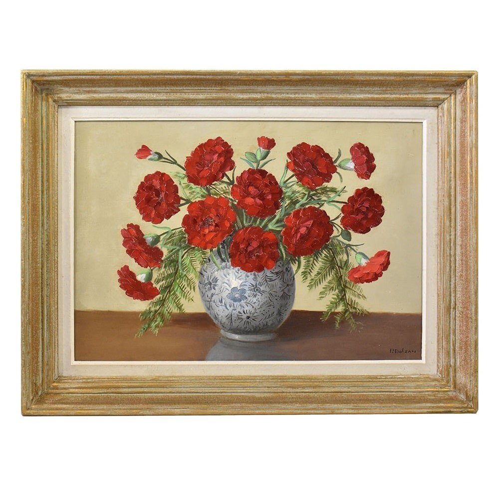 Tableaux Anciens Fleurs, Art Déco, Peinture Fleurs D'Oeillets Rouges, XXème Siècle. (QF552) 