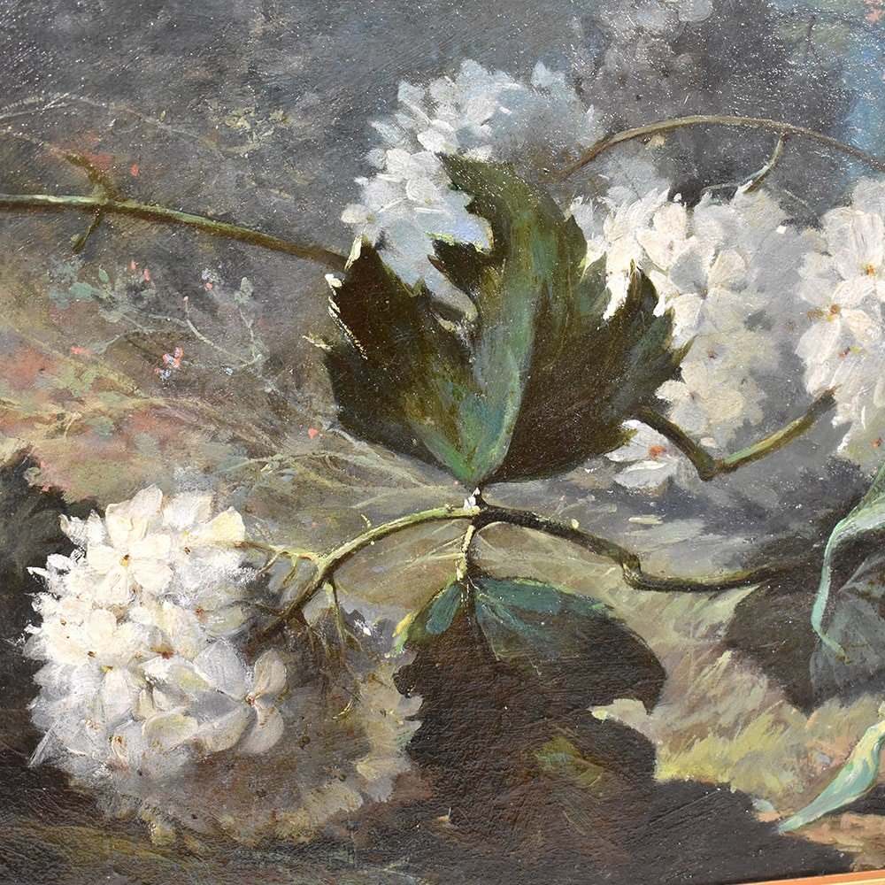 Tableaux Anciens, Nature Morte Aux Dahlias, Roses et Hortensias, Toile, XIX. (QF557)-photo-2