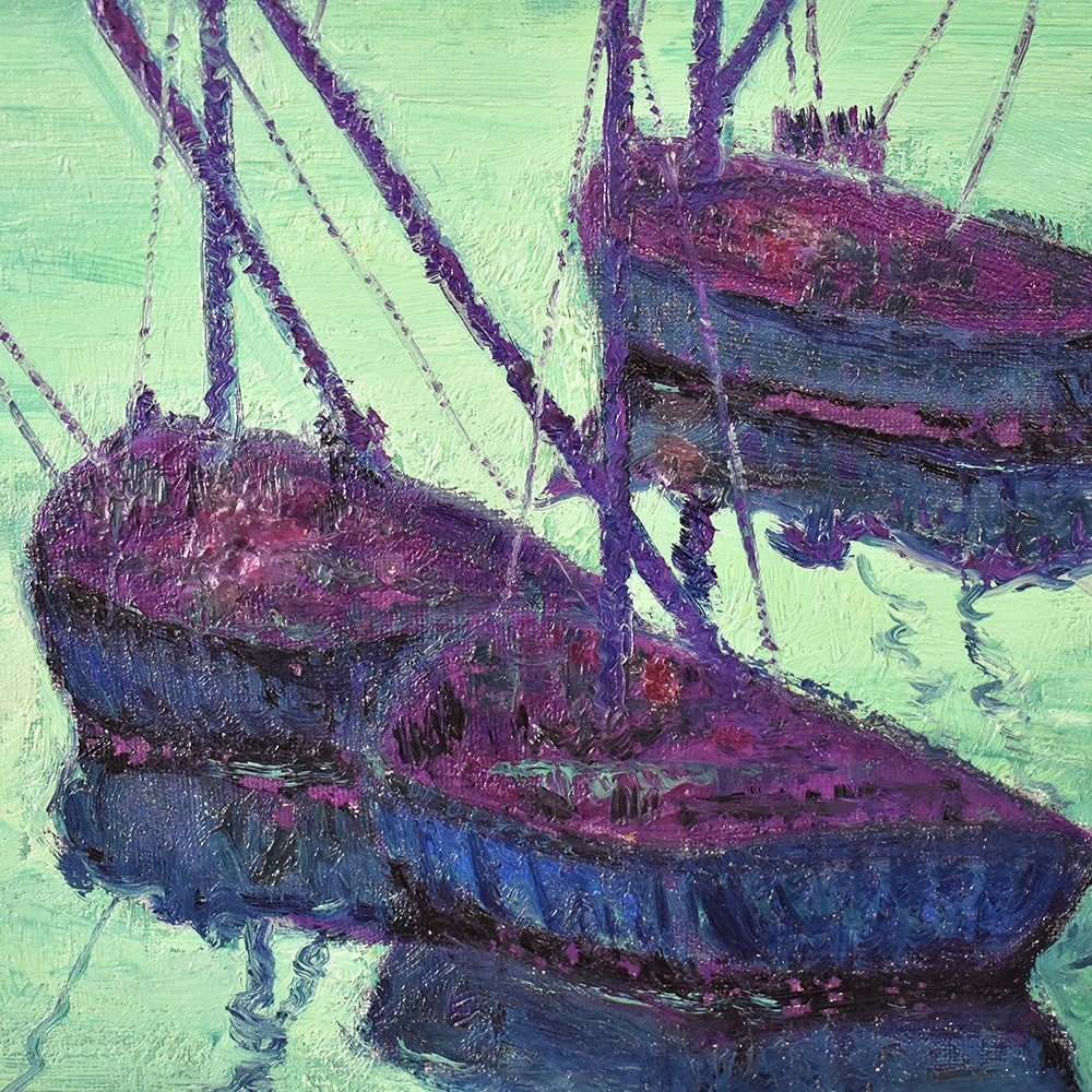 Seascape Painting, Antique Oil Painting Marine With Boats, Oil On Canvas, XX Century. (qm565)-photo-1