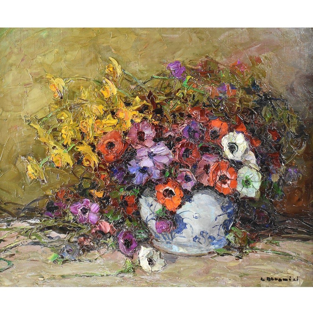 Art Deco Still Life Painting, Flowers Vase Painting, Anemones, Oil On Canvas.  (qf564)-photo-2