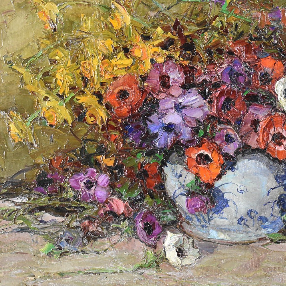 Art Deco Still Life Painting, Flowers Vase Painting, Anemones, Oil On Canvas.  (qf564)-photo-3