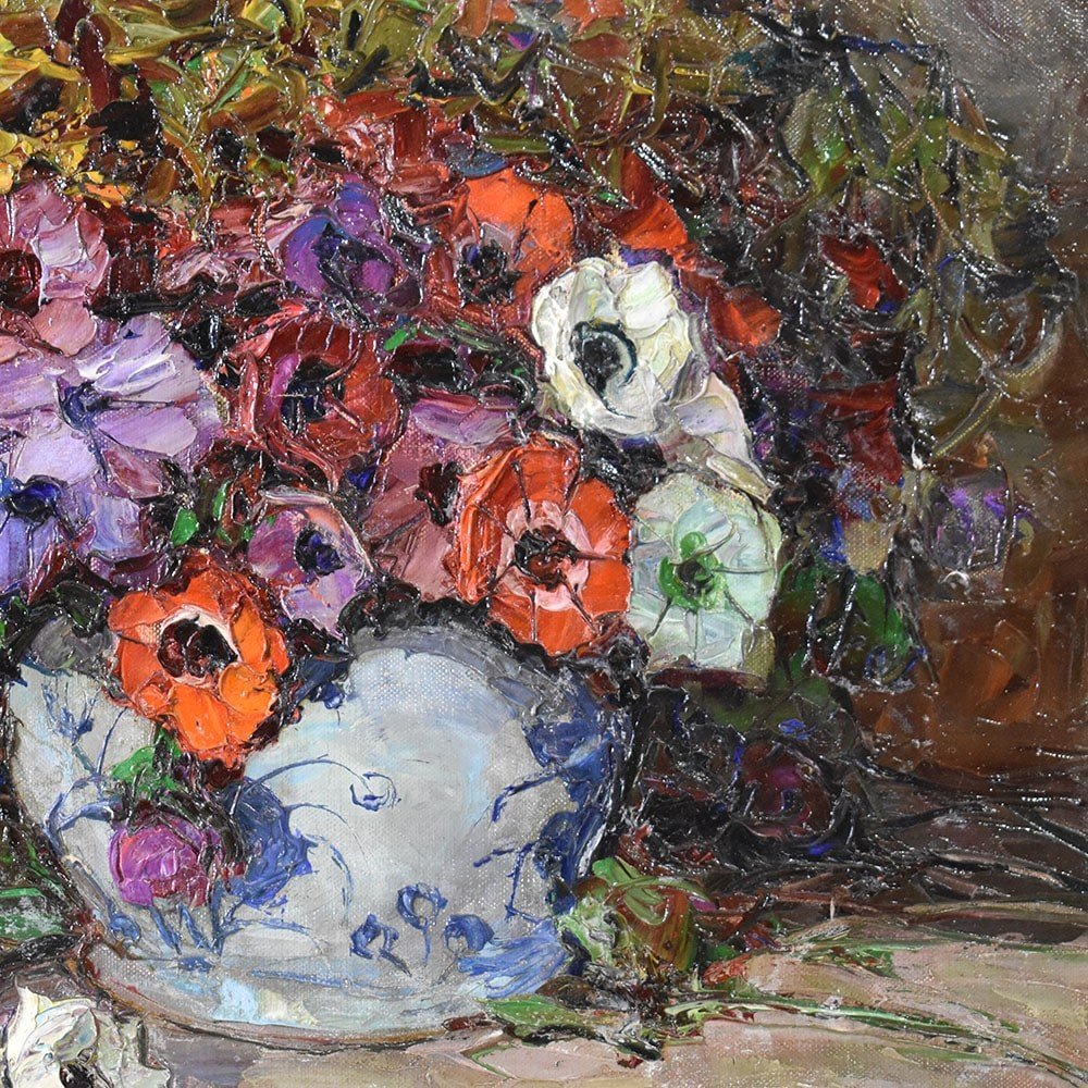 Art Deco Still Life Painting, Flowers Vase Painting, Anemones, Oil On Canvas.  (qf564)-photo-4