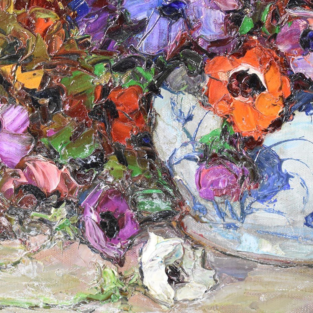Art Deco Still Life Painting, Flowers Vase Painting, Anemones, Oil On Canvas.  (qf564)-photo-2