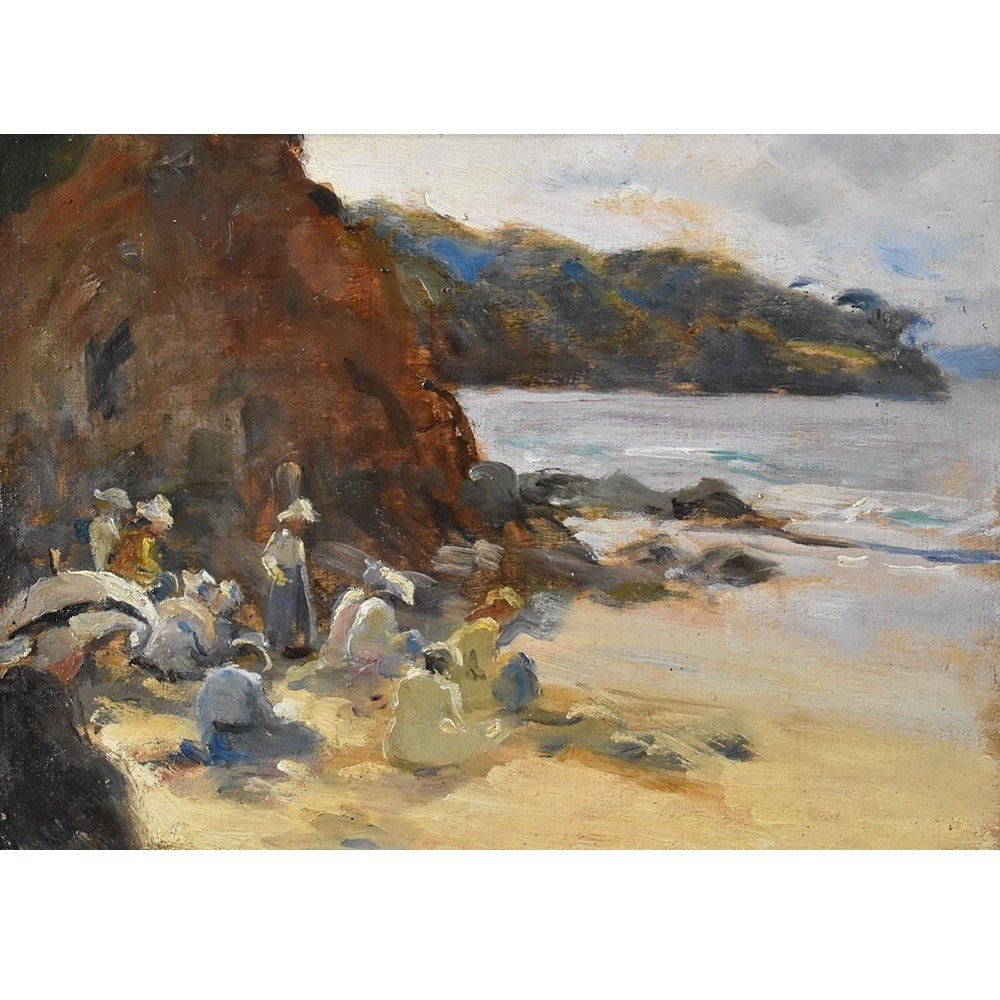 Antique Oil Painting, Marine Painting With Women On The Beach, 19th Century. (qm568)-photo-2