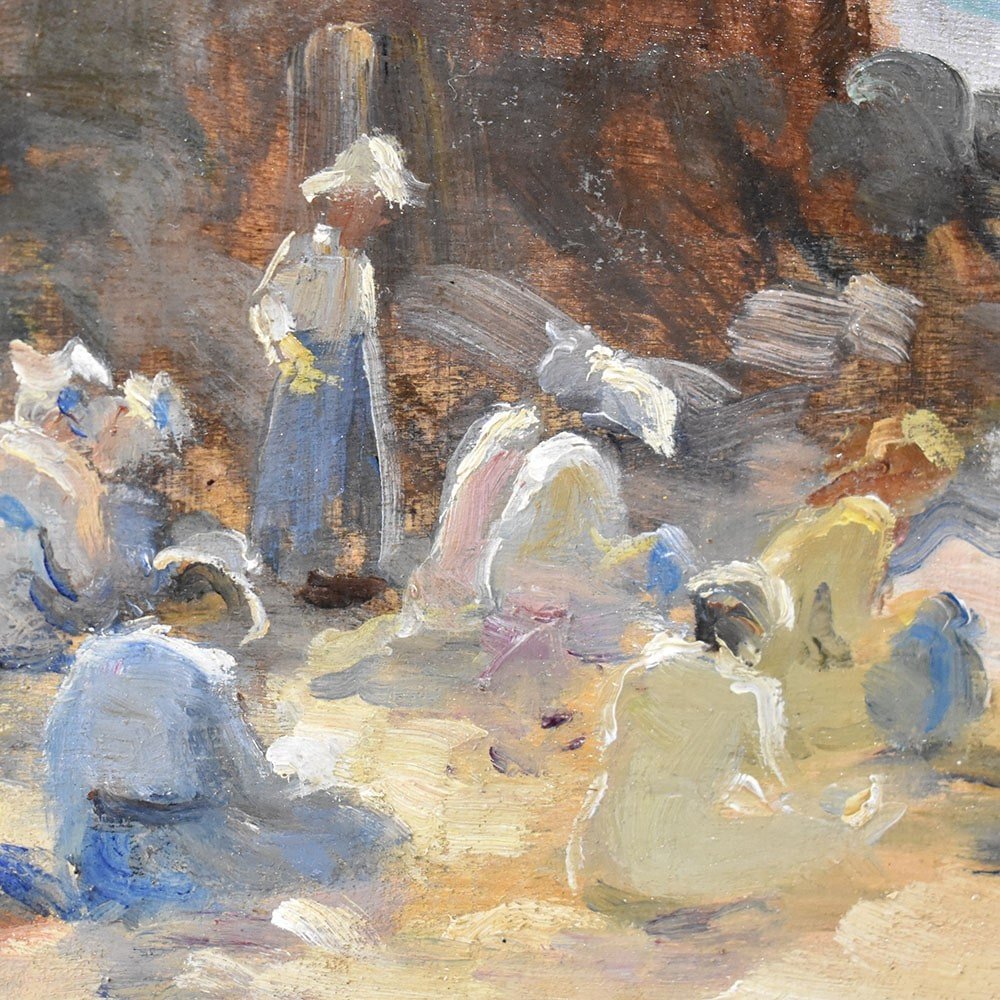 Antique Oil Painting, Marine Painting With Women On The Beach, 19th Century. (qm568)-photo-4