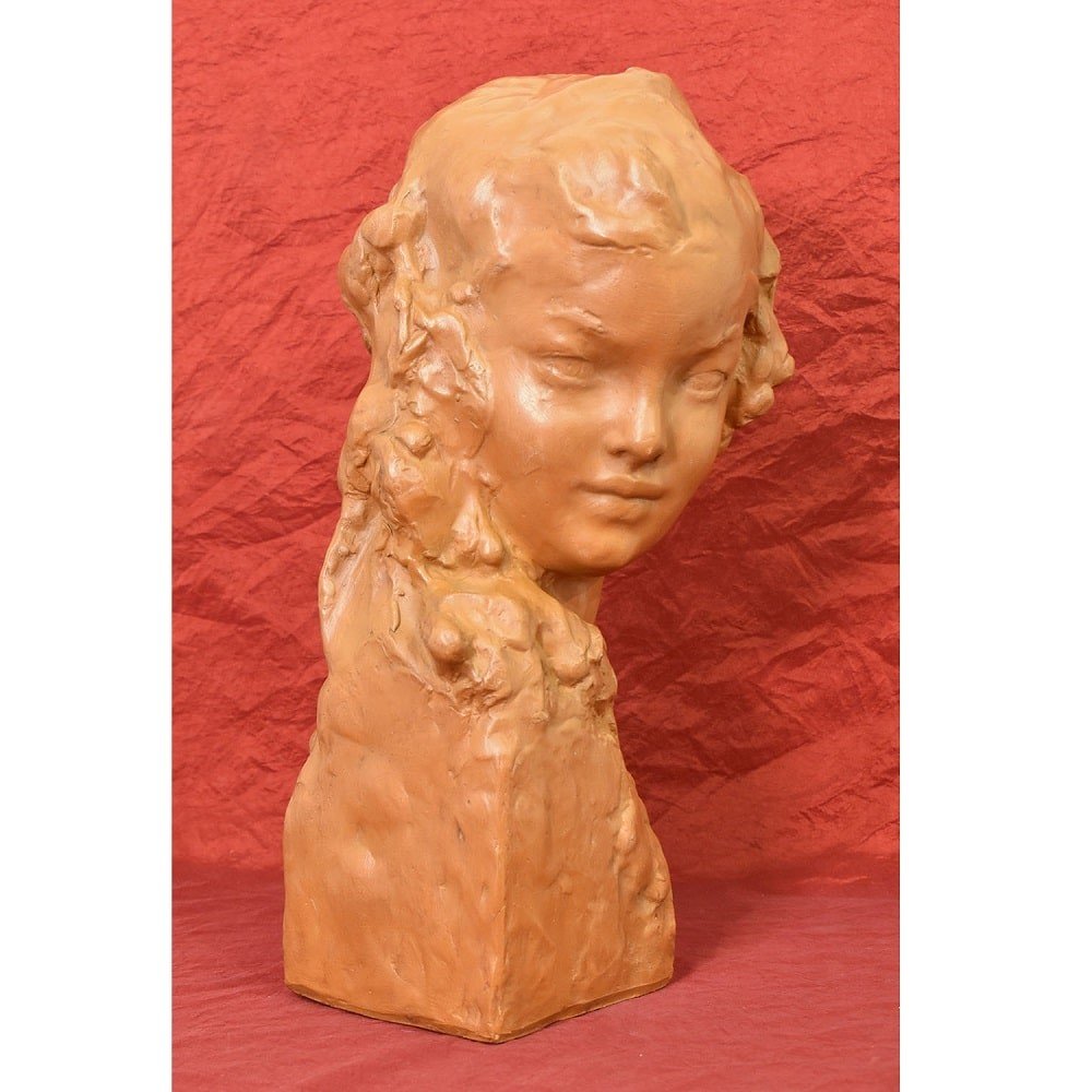 Sculptures En Terre Cuite, Buste de Jeune Femme, Art Déco, Signè Amedeo Gennarelli. (STTE81)-photo-3