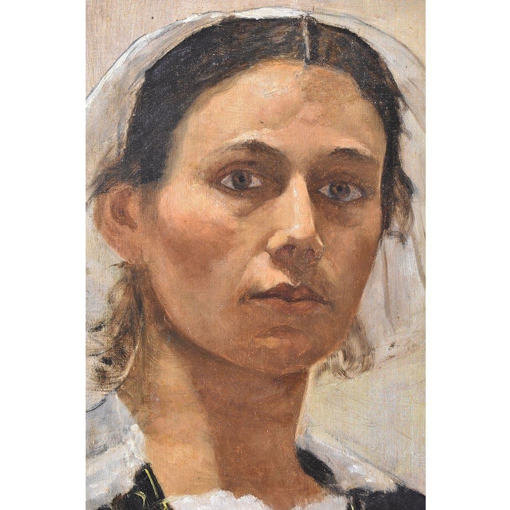 Antique Painting, Young Breton Girl, Young Woman, Portrait Painting, XIXème Siècle. (qr572)-photo-3