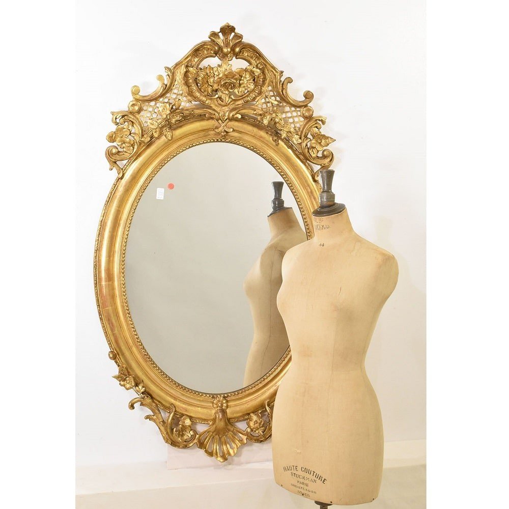 Antique Round Gold Mirror, Oval Wall Mirror, Flowers And Scrolls, Gold Leaf Frame, XIX .(spo17)