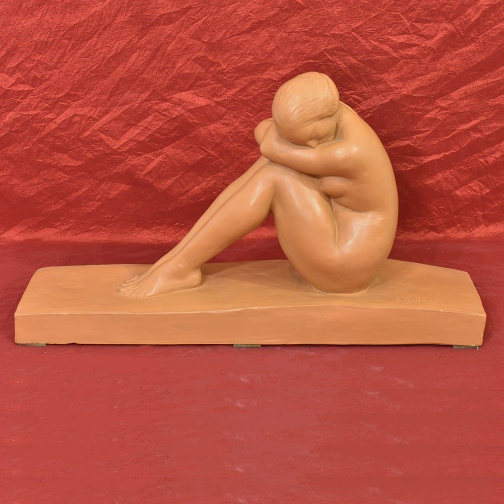Sculptures En Terre Cuite, Jeune Femme Nue Accroupie, Art Déco, Amedeo Gennarelli. (STTE86)-photo-2