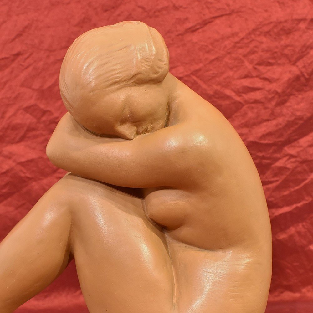 Sculptures En Terre Cuite, Jeune Femme Nue Accroupie, Art Déco, Amedeo Gennarelli. (STTE86)-photo-4