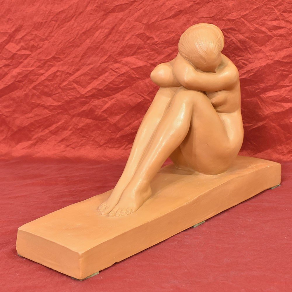 Sculptures En Terre Cuite, Jeune Femme Nue Accroupie, Art Déco, Amedeo Gennarelli. (STTE86)-photo-1