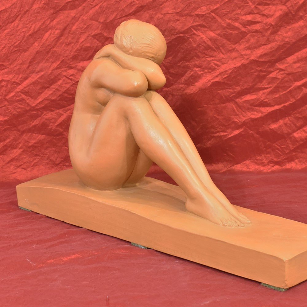 Sculptures En Terre Cuite, Jeune Femme Nue Accroupie, Art Déco, Amedeo Gennarelli. (STTE86)-photo-3