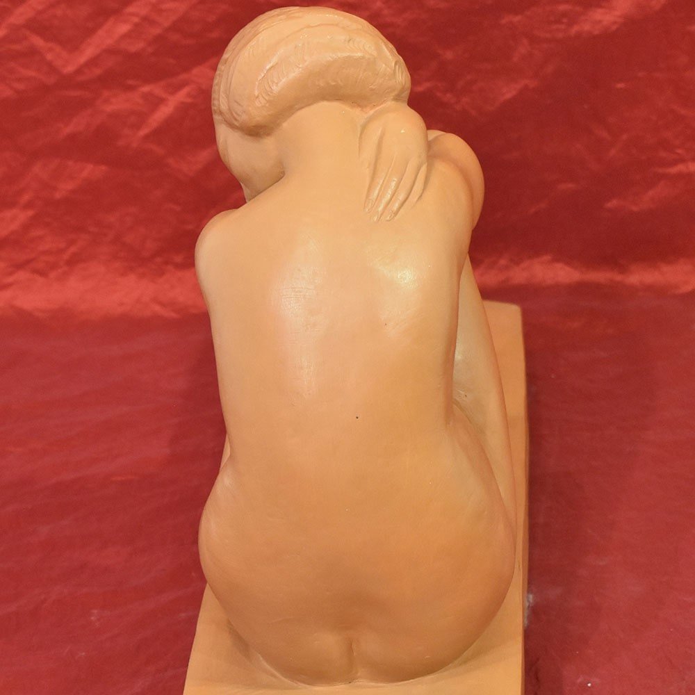 Sculptures En Terre Cuite, Jeune Femme Nue Accroupie, Art Déco, Amedeo Gennarelli. (STTE86)-photo-4