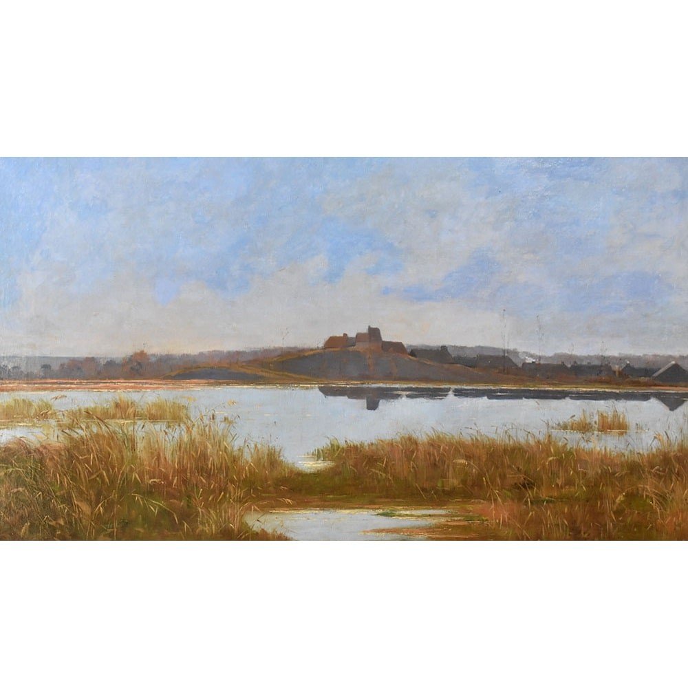 Tableau Ancien, Louis Boulanger, Paysage Rivière And Village, Huile Sur Toile, XIX. (QP591)-photo-2