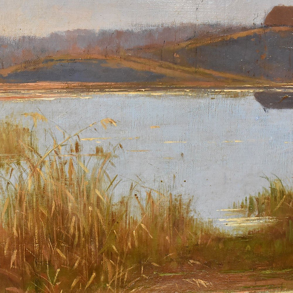 Tableau Ancien, Louis Boulanger, Paysage Rivière And Village, Huile Sur Toile, XIX. (QP591)-photo-3