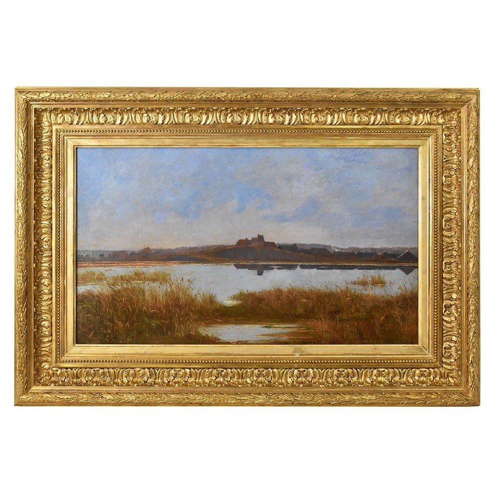 Tableau Ancien, Louis Boulanger, Paysage Rivière And Village, Huile Sur Toile, XIX. (QP591)