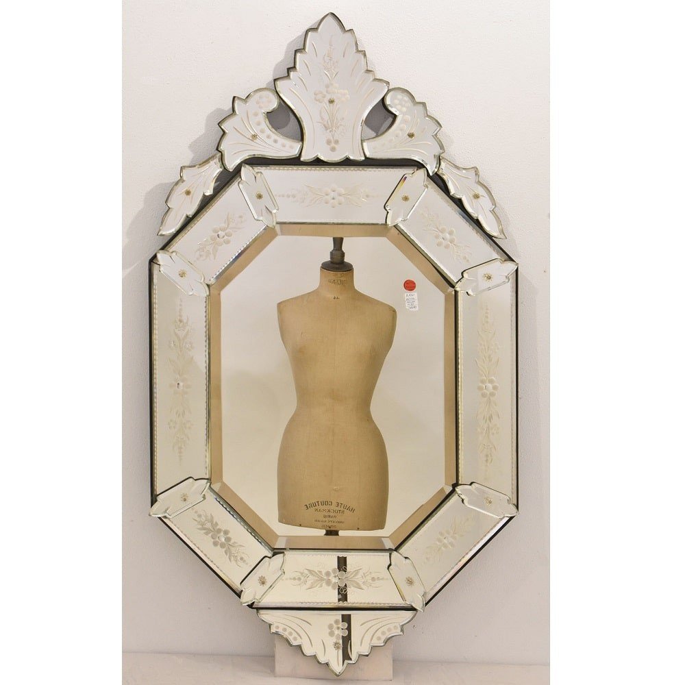 Miroir De Venise, Verre Biseauté Avec Fleurs Gravées, Du XXè Siècle. (SPV192)-photo-3