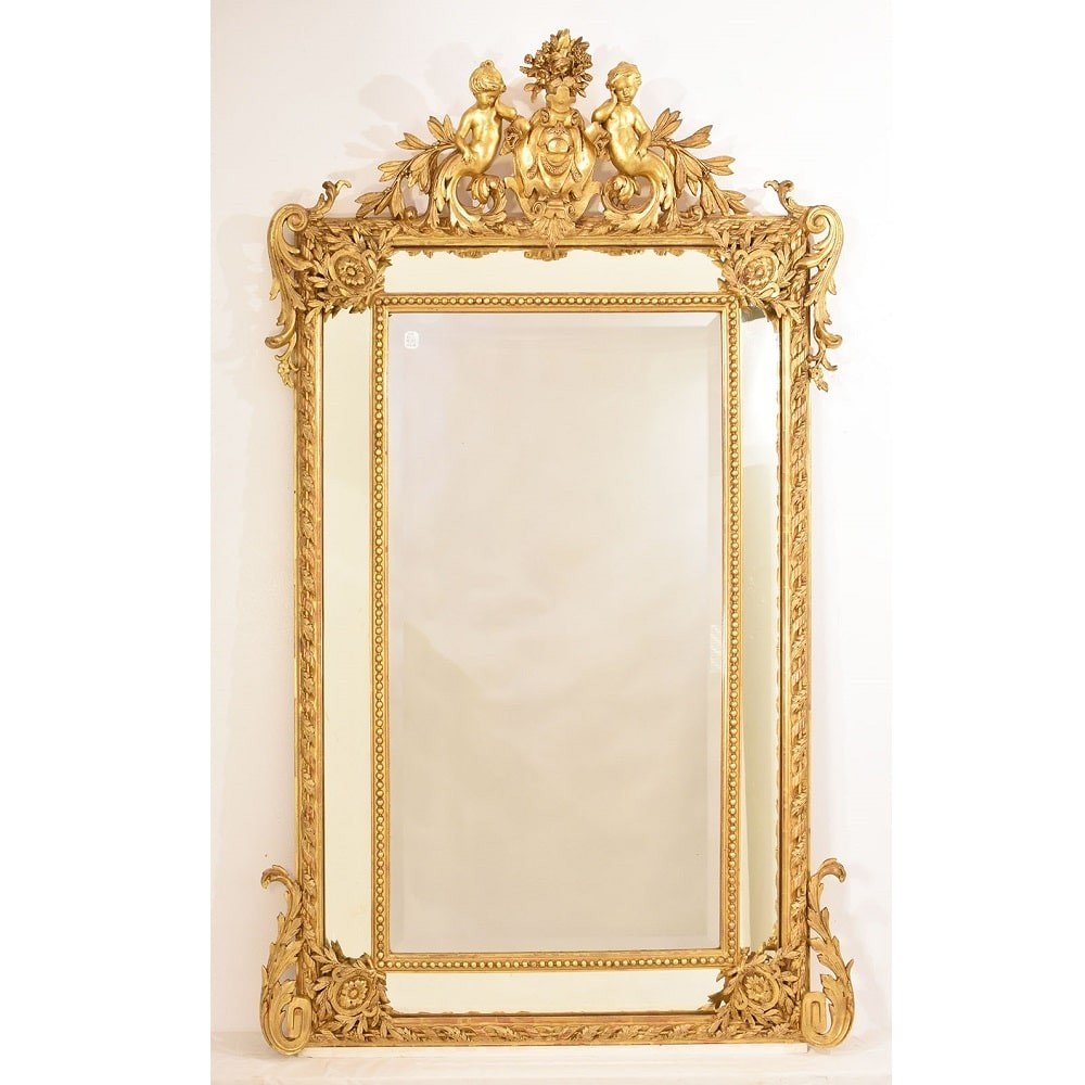 Élégant Miroir De Cheminée Ancien Avec Putti, Miroir Doré, Parecloses, XIXè. (SPCP176)-photo-2