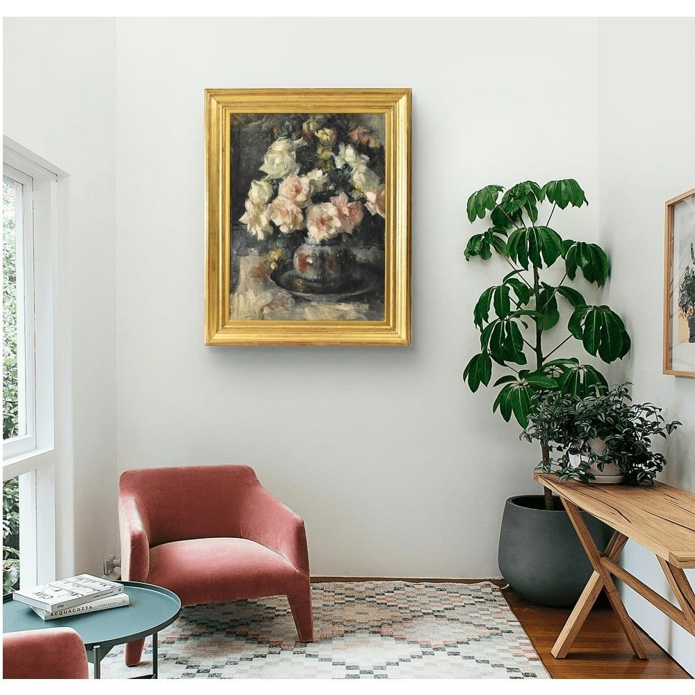 Tableau Ancien Fleurs, Jean Laudy, Peinture Fleurs roses, XXè Siècle, Art Deco. (QF614)-photo-1