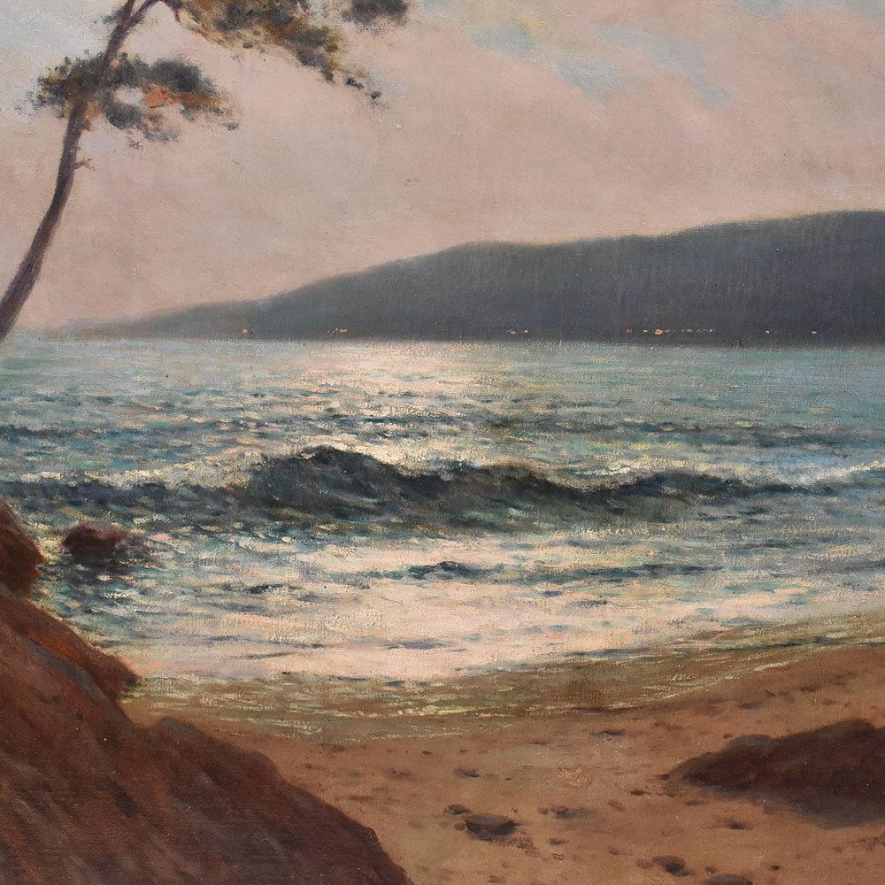 Tableau Marine Ancien, Jean Keuléyan-Lafon, Marine Au Coucher Du Soleil, Début  XX.  (QM650)-photo-2