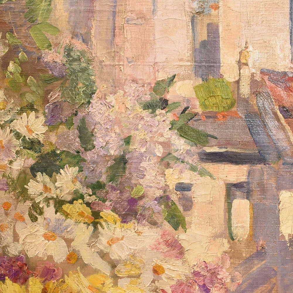 Art Deco Still Life Painting, Flowers Vase Painting, Daisies And Roses, Oil On Canvas. (qf655)-photo-4