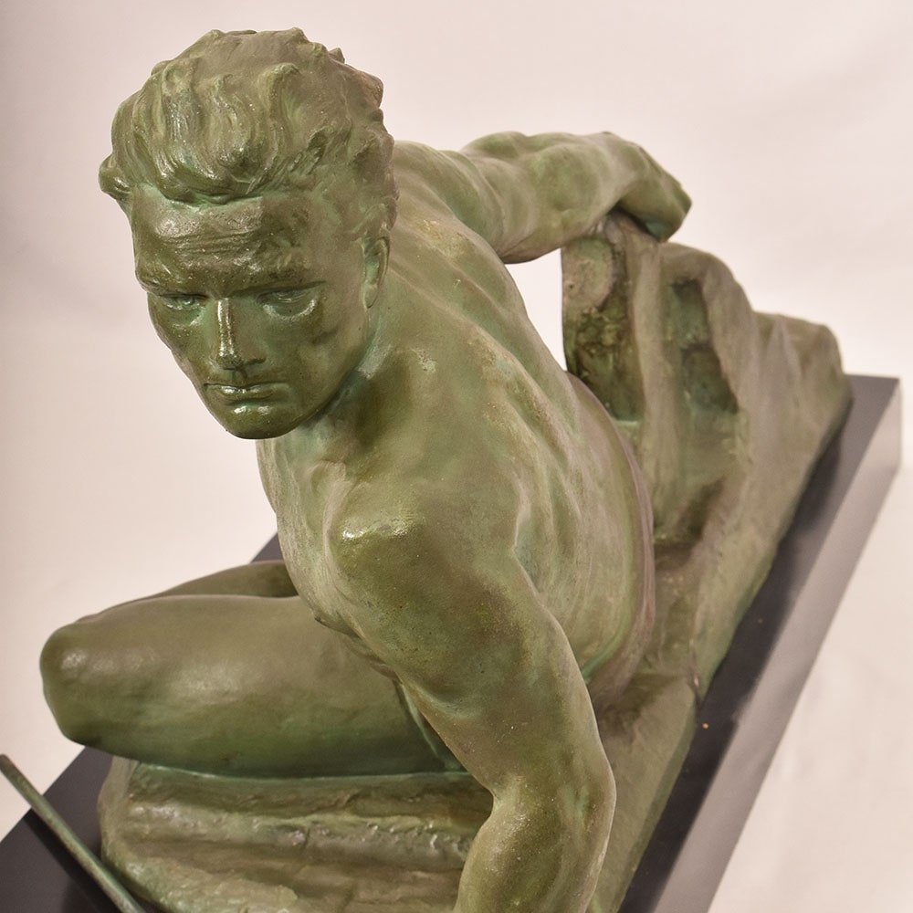Antique Antimony Statues, Jean De Roncourt, Art Déco, Warrior With Spear. (stan94)-photo-2