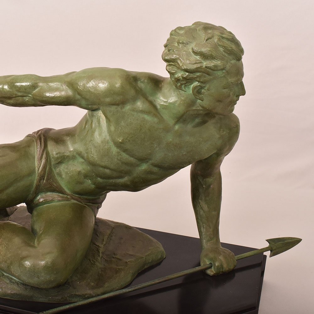 Antique Antimony Statues, Jean De Roncourt, Art Déco, Warrior With Spear. (stan94)-photo-3