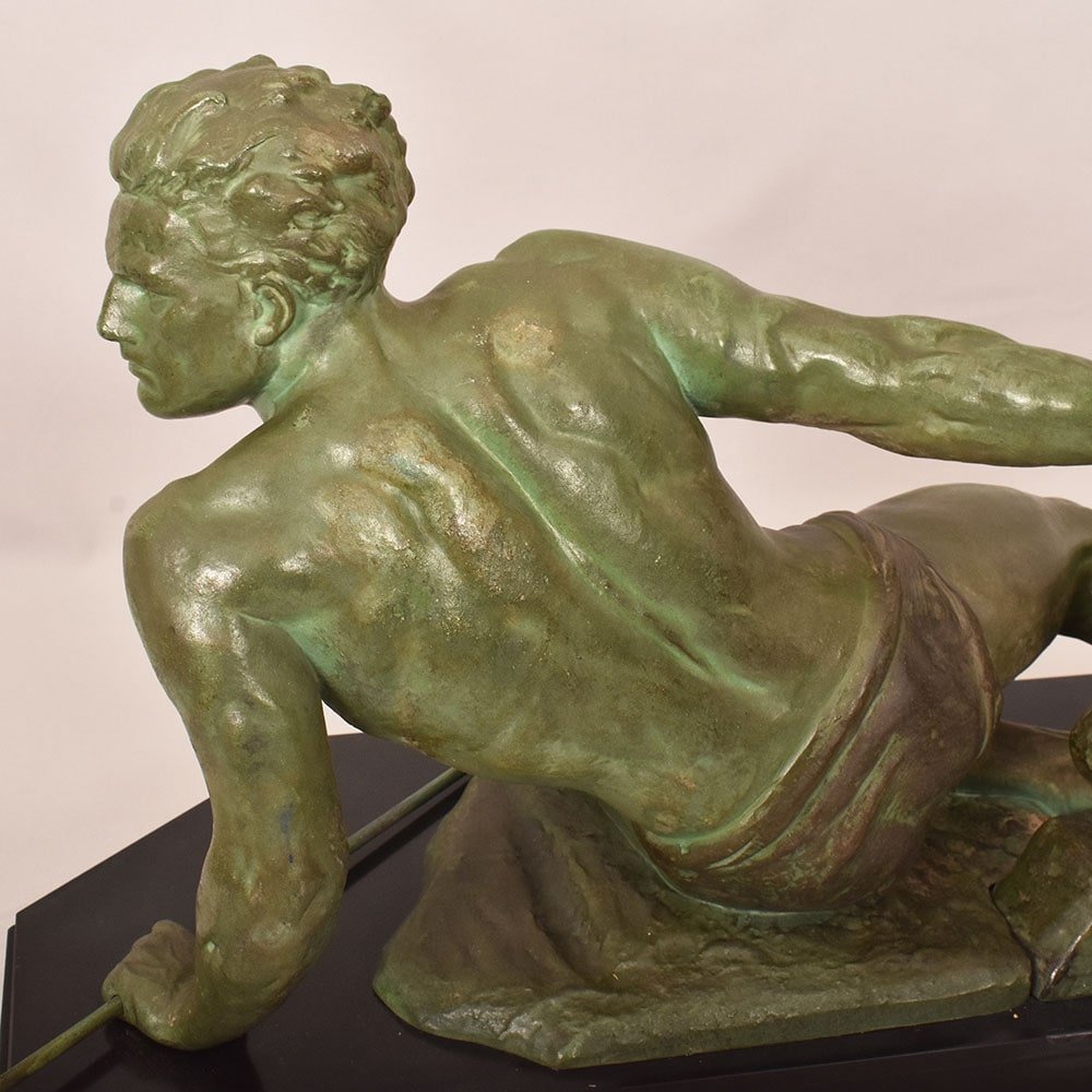 Antique Antimony Statues, Jean De Roncourt, Art Déco, Warrior With Spear. (stan94)-photo-4
