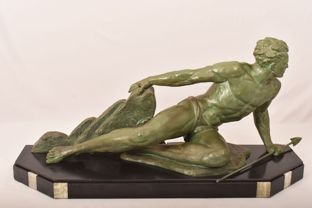 Antique Antimony Statues, Jean De Roncourt, Art Déco, Warrior With Spear. (stan94)