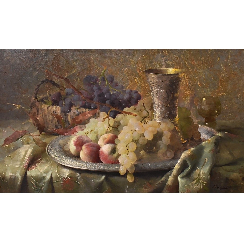 Still Life Oil Painting, Still Life With Fruit, Grapes And Peaches, Oil On Canvas, XIX.(qnm659)-photo-2