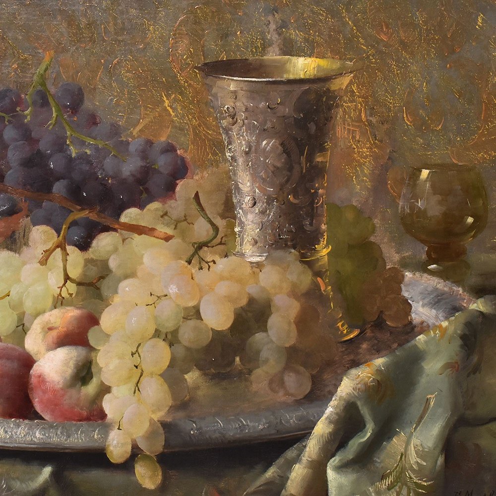 Still Life Oil Painting, Still Life With Fruit, Grapes And Peaches, Oil On Canvas, XIX.(qnm659)-photo-3