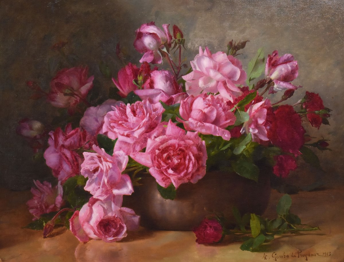 Tableaux Anciens, Gamba De Preydour, Nature Morte De Roses Rouges, Huile Sur Toile, XX. (QF661)-photo-3