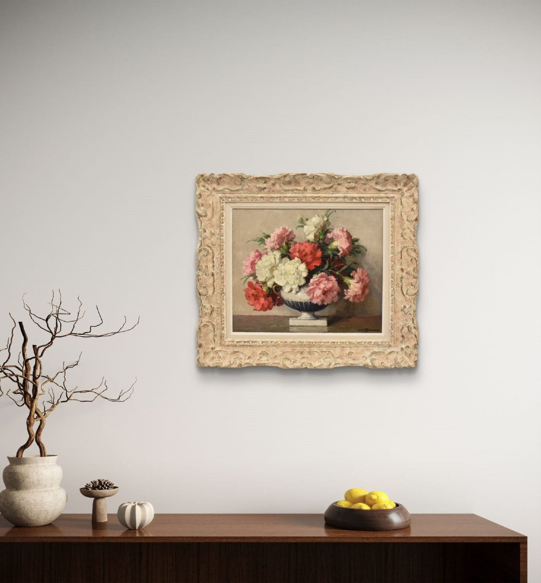 Tableau Ancien Fleurs, Maurice Alfred Decamps, Peinture Fleurs Oeillets, XXè, Art Deco. (QF663)-photo-2