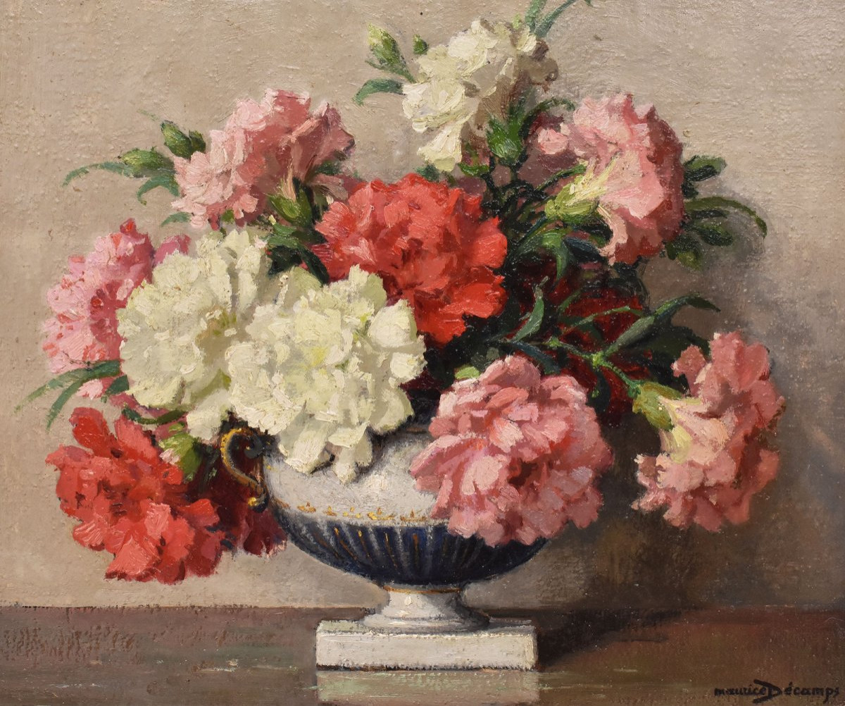 Tableau Ancien Fleurs, Maurice Alfred Decamps, Peinture Fleurs Oeillets, XXè, Art Deco. (QF663)-photo-3