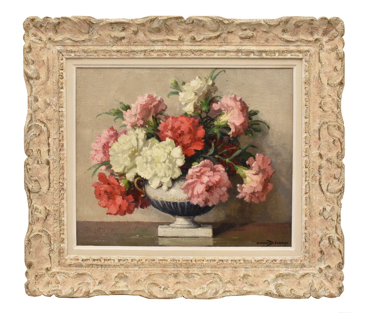 Tableau Ancien Fleurs, Maurice Alfred Decamps, Peinture Fleurs Oeillets, XXè, Art Deco. (QF663)