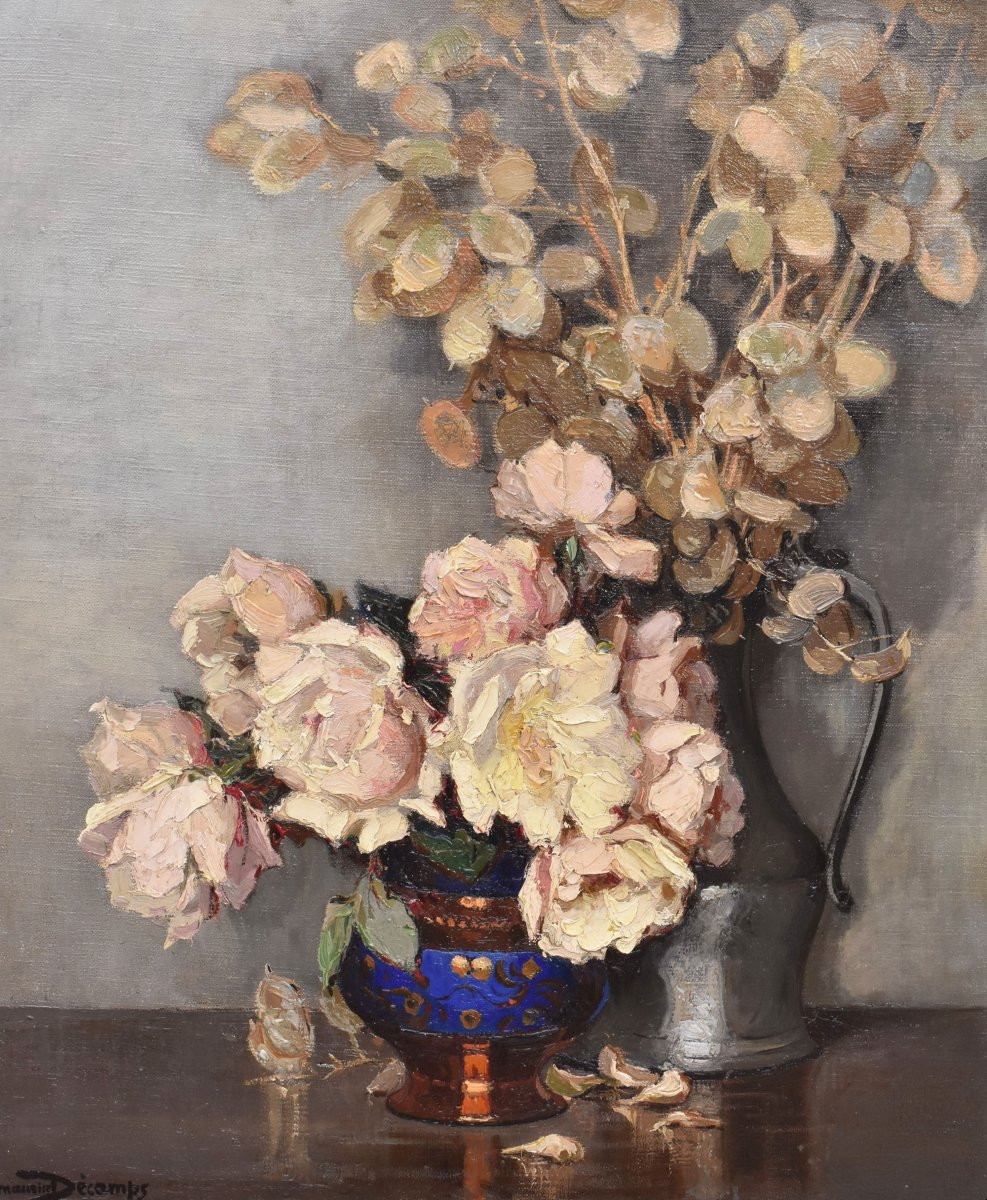 Art Deco Still Life Painting, Flowers Vase Painting, White Roses, Oil On Canvas, XXè. (qf664)-photo-3