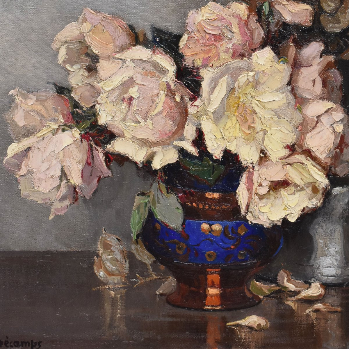 Art Deco Still Life Painting, Flowers Vase Painting, White Roses, Oil On Canvas, XXè. (qf664)-photo-4