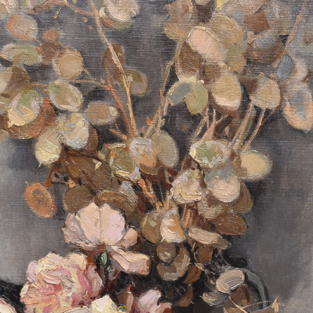 Art Deco Still Life Painting, Flowers Vase Painting, White Roses, Oil On Canvas, XXè. (qf664)-photo-1
