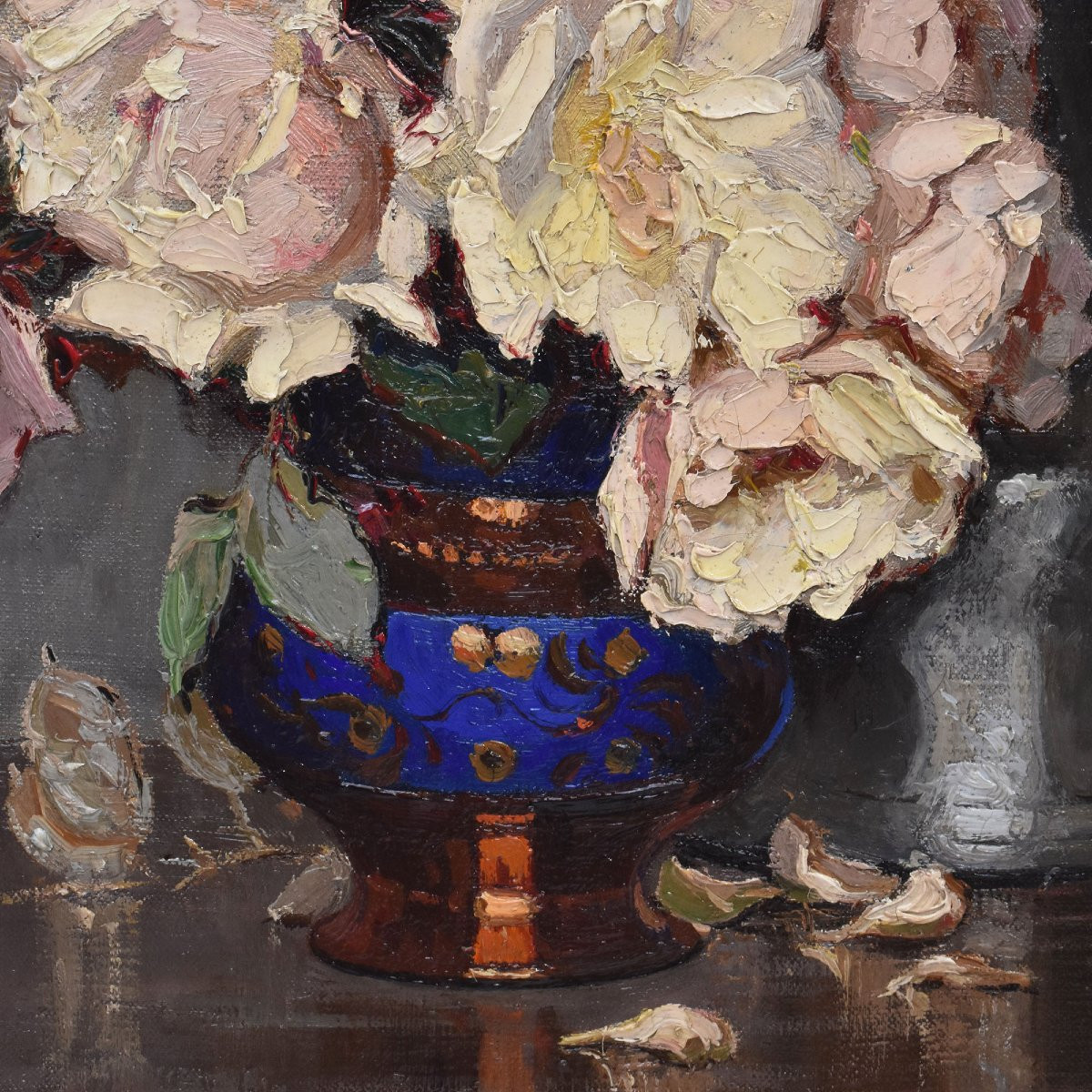 Art Deco Still Life Painting, Flowers Vase Painting, White Roses, Oil On Canvas, XXè. (qf664)-photo-2