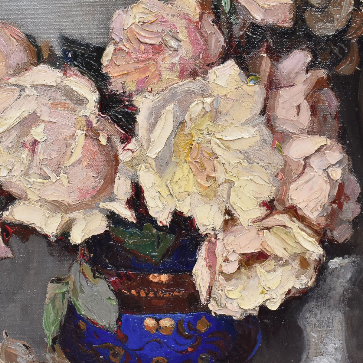 Art Deco Still Life Painting, Flowers Vase Painting, White Roses, Oil On Canvas, XXè. (qf664)-photo-3