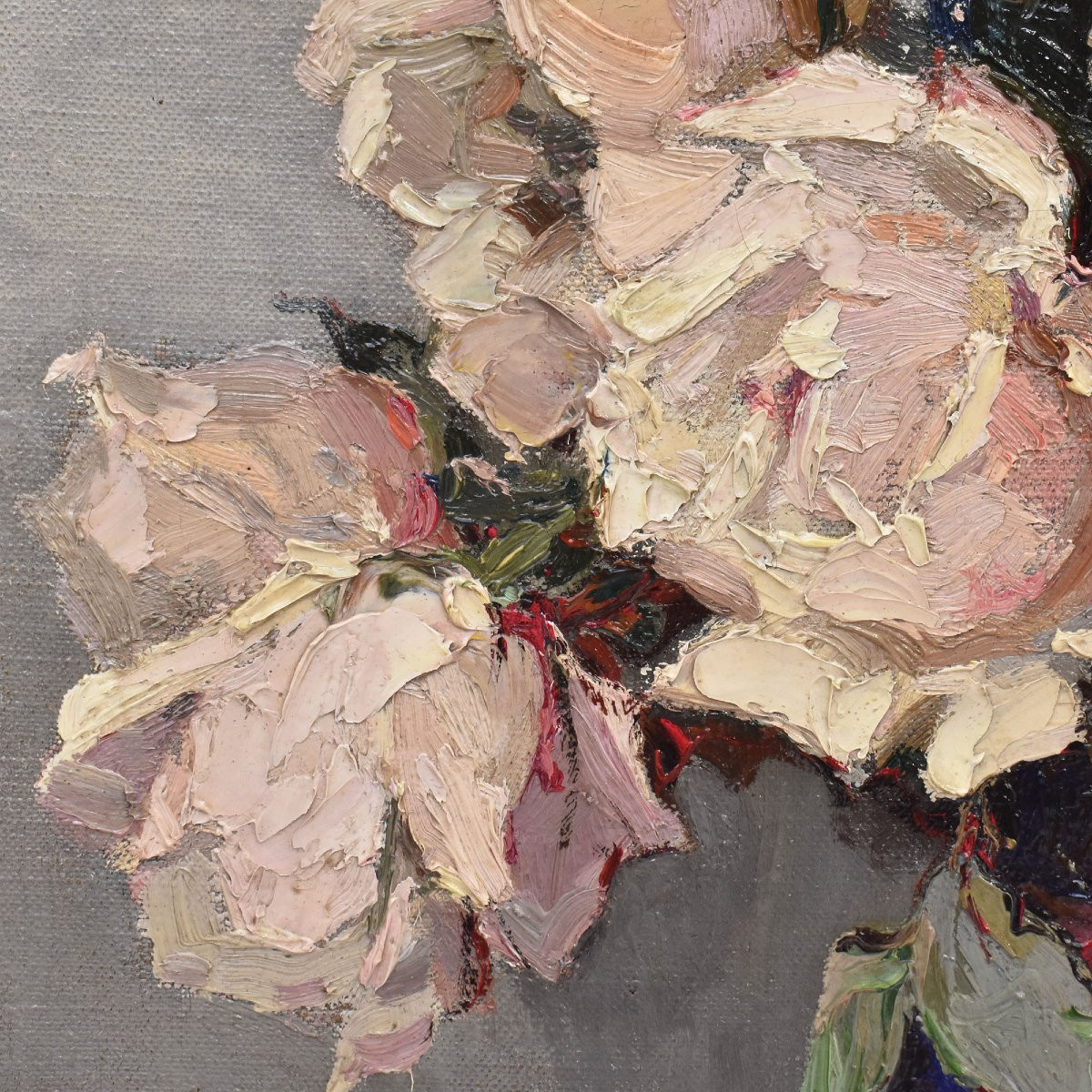 Art Deco Still Life Painting, Flowers Vase Painting, White Roses, Oil On Canvas, XXè. (qf664)-photo-4